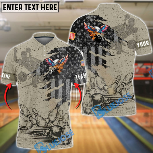 BlueJose Bowling & Pins Eagle American Flag Retro Vintage Style Customized Name, Team Name 3D Shirt (4 Colors)