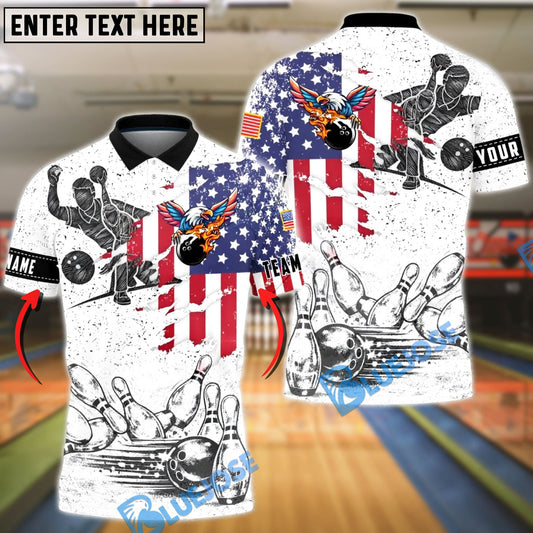 BlueJose Bowling & Pins Eagle American Flag Retro Vintage Style Customized Name, Team Name 3D Shirt (4 Colors)