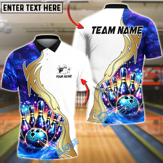 BlueJose Bowling And Pins Galaxy Strike Gold Flame Premium Design Customized Name, Team Name 3D Shirt (4 Colors)