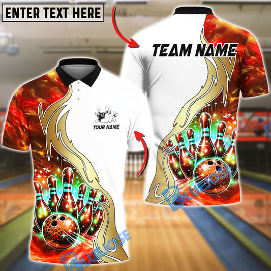 BlueJose Bowling And Pins Galaxy Strike Gold Flame Premium Design Customized Name, Team Name 3D Shirt (4 Colors)