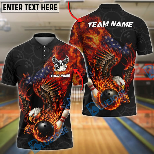 BlueJose Bowling And Pins Patriotic Flaming Eagle Fire Customized Name, Team Name 3D Shirt