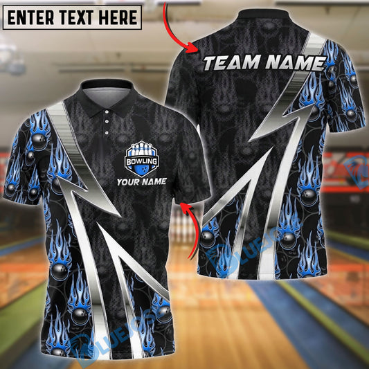 BlueJose Bowling And Pins Fire Ball Pattern Customized Name, Team Name 3D Shirt (4 Colors)