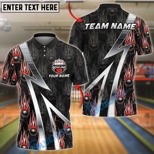 BlueJose Bowling And Pins Fire Ball Pattern Customized Name, Team Name 3D Shirt (4 Colors)