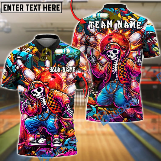 BlueJose Bowling And Pins Street Style Skeleton  Strike Explosion Graffiti Art Customized Name, Team Name 3D Shirt