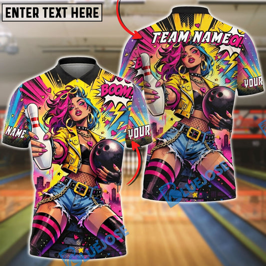 BlueJose Bowling And Pins Pop Art Girl Bowling Strike Neon Comic Style Customized Name, Team Name 3D Shirt