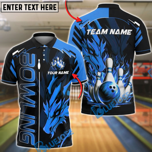 BlueJose Bowling & Pins Fire Dragon Strike Ball Customized Name, Team Name 3D Shirt (4 Colors)