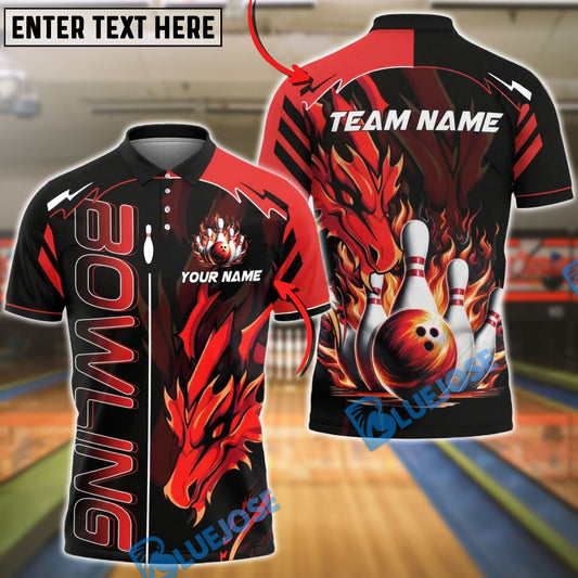 BlueJose Bowling & Pins Fire Dragon Strike Ball Customized Name, Team Name 3D Shirt (4 Colors)