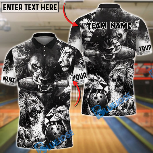 BlueJose Bowling And Pins Black White Lion Customized Name, Team Name 3D Shirt