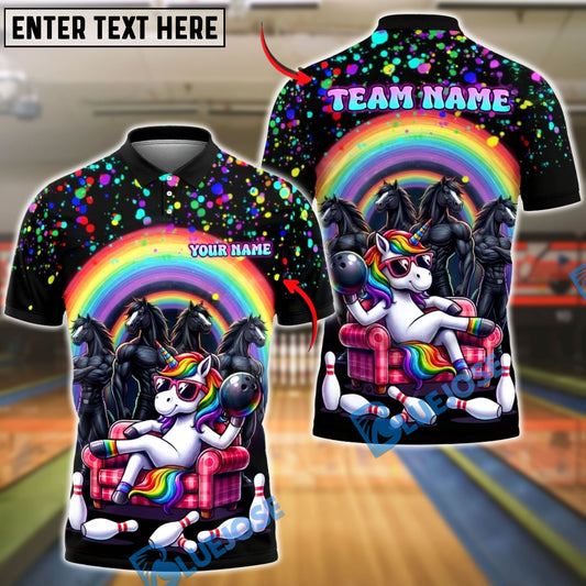 BlueJose Bowling And Pins Funny Unicorn Rainbow Splash Customized Name, Team Name 3D Shirt