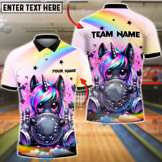 BlueJose Bowling And Pins Cute Unicorn Rainbow Customized Name, Team Name 3D Shirt
