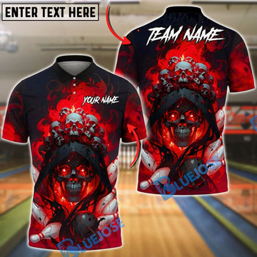 BlueJose Bowling Grim Reaper Skull Stacked Skulls Crown Flaming Smoke Customized Name, Team Name 3D Shirt (4 Colors)