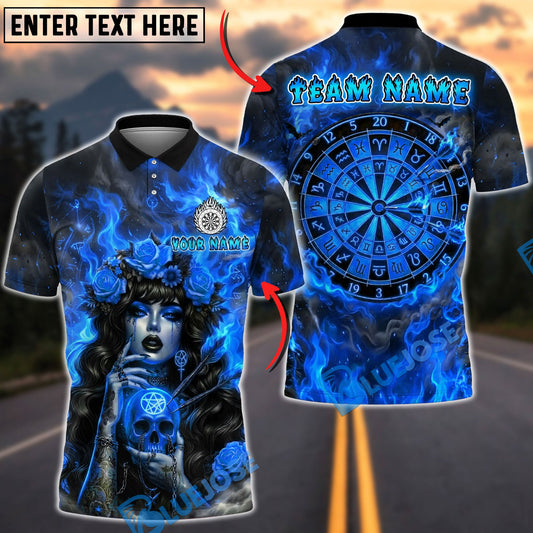 BlueJose Darts Gothic Witch Skull Fiery Zodiac Dartboard Design Personalized Name, Team Name Unisex Shirt (4 Colors)