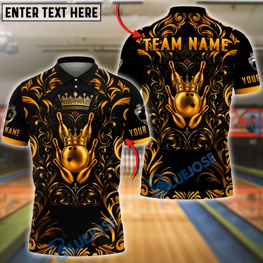 BlueJose Bowling And Pins King Gold Crown Royal Style Customized Name, Team Name 3D Shirt (6 Colors)