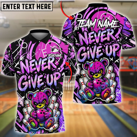 BlueJose Bowling And Pins Punk Teddy Bear Never Give Up Graffiti Customized Name, Team Name 3D Shirt (4 Colors)