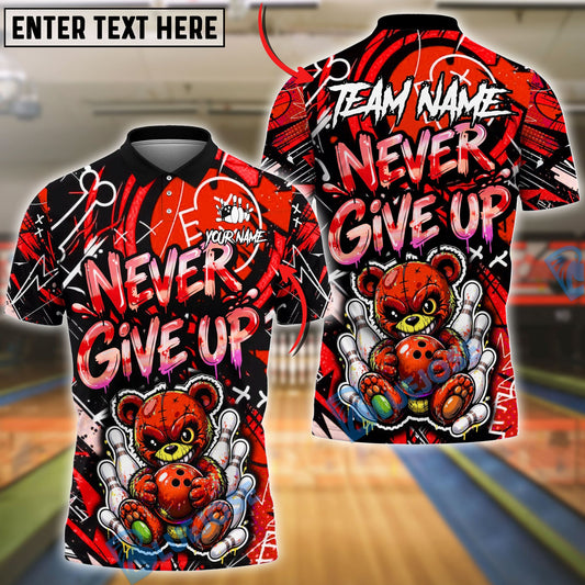 BlueJose Bowling And Pins Punk Teddy Bear Never Give Up Graffiti Customized Name, Team Name 3D Shirt (4 Colors)