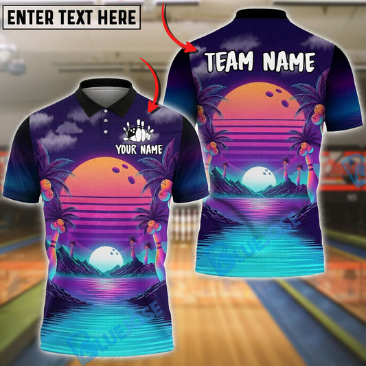BlueJose Bowling And Pins Tropical Palm Sunset Synthwave Customized Name, Team Name 3D Shirt