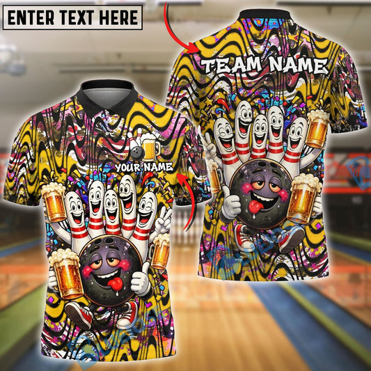BlueJose Bowling And Pins Beer Cheers Cartoon Pins Customized Name, Team Name 3D Shirt (6 Colors)