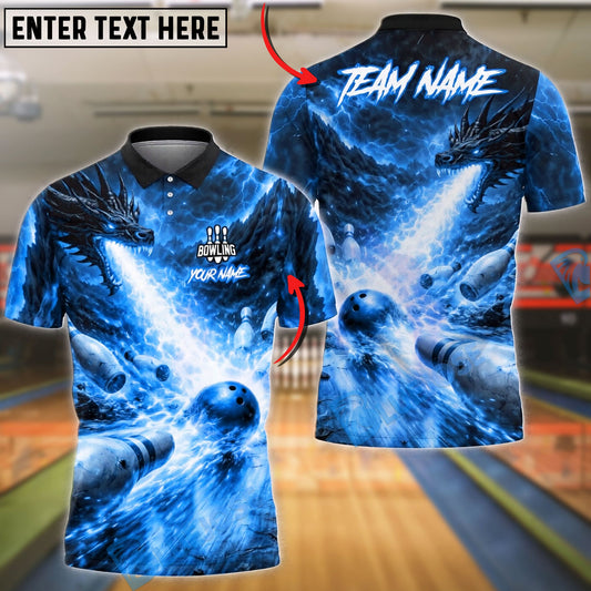 BlueJose Bowling And Pins Fire Dragon Explosive Strike Design Customized Name, Team Name 3D Shirt (4 Colors)
