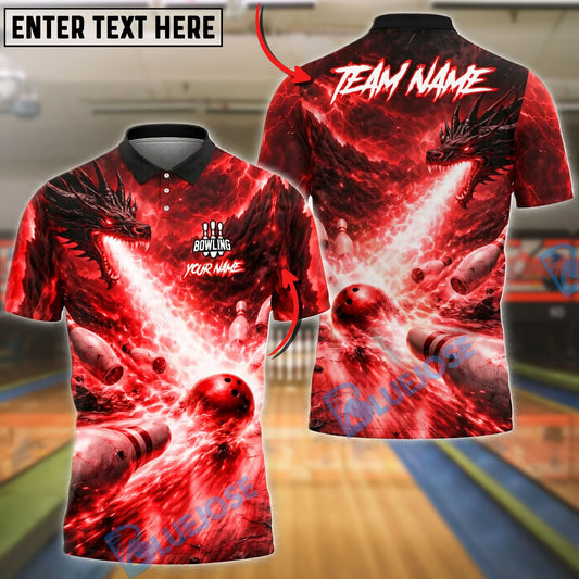 BlueJose Bowling And Pins Fire Dragon Explosive Strike Design Customized Name, Team Name 3D Shirt (4 Colors)