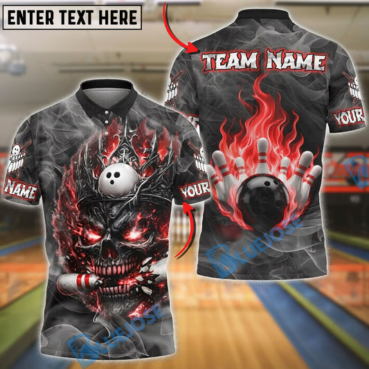 BlueJose Bowling And Pins Skull King Flame Gothic Style Customized Name, Team Name 3D Shirt (4 Colors)