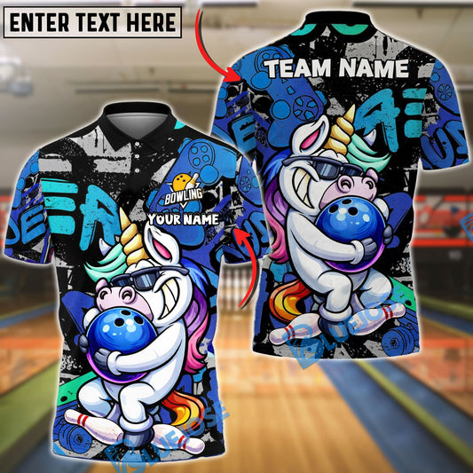 BlueJose Bowling And Pins Unicorn Funny Cartoon Hug Ball Customized Name, Team Name 3D Shirt (4 Colors)
