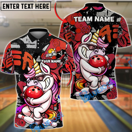 BlueJose Bowling And Pins Unicorn Funny Cartoon Hug Ball Customized Name, Team Name 3D Shirt (4 Colors)