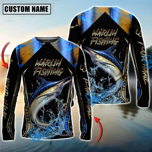 Bluejose Golden Marlin Fishing Jumping Design Custom Name & Team Name 3D Shirts