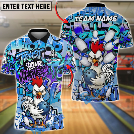 BlueJose Bowling & Pins Trust Your Madness Angry Rooster Graffiti Customized Name, Team Name 3D Shirt (4 Colors)