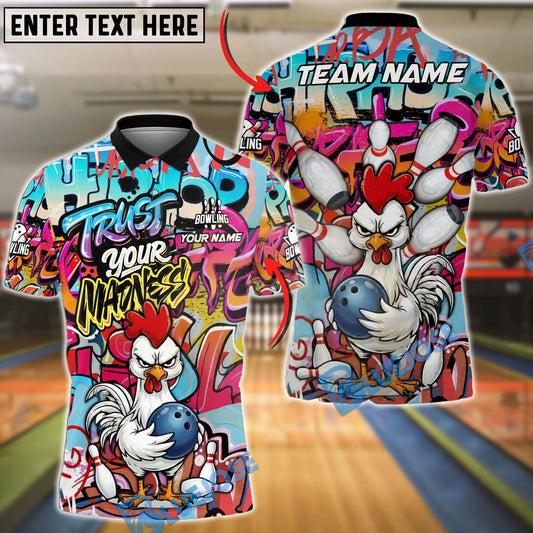 BlueJose Bowling & Pins Trust Your Madness Angry Rooster Graffiti Customized Name, Team Name 3D Shirt (4 Colors)