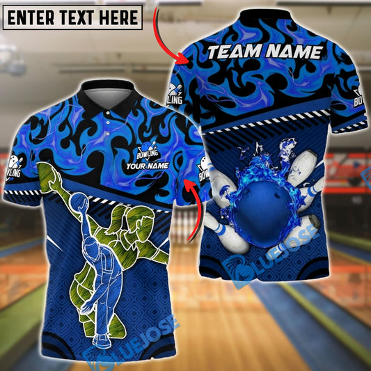 BlueJose Bowling & Pins Fire Flame Bowler Silhouette Customized Name, Team Name 3D Shirt (4 Colors)