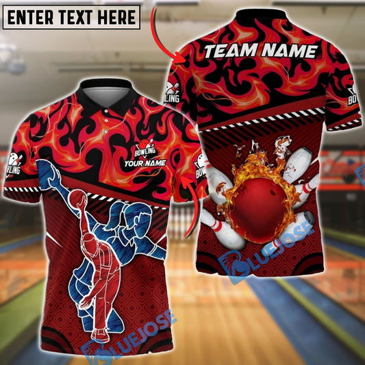 BlueJose Bowling & Pins Fire Flame Bowler Silhouette Customized Name, Team Name 3D Shirt (4 Colors)