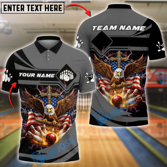 BlueJose Bowling & Pins Vintage USA Eagle Lightning Cross Strike Art Customized Name, Team Name 3D Shirt (6 Colors)