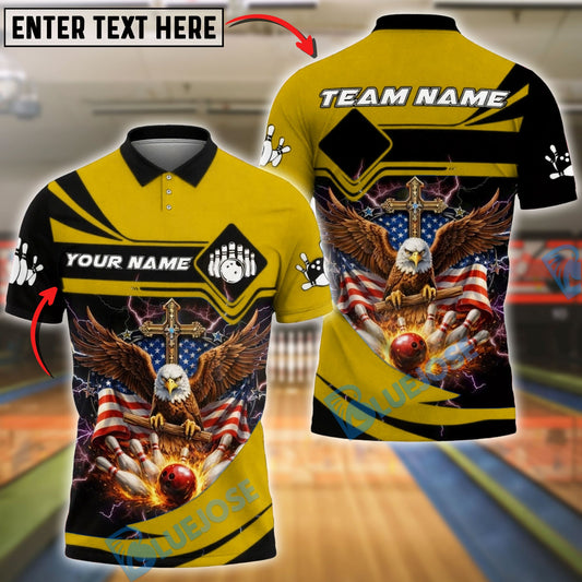 BlueJose Bowling & Pins Vintage USA Eagle Lightning Cross Strike Art Customized Name, Team Name 3D Shirt (6 Colors)