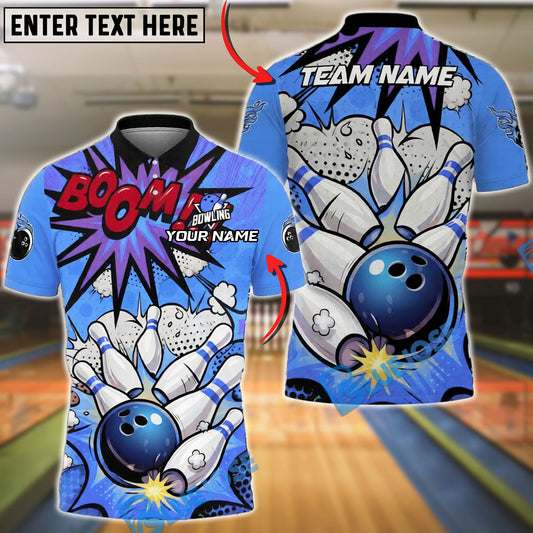 BlueJose Bowling & Pins Strike Comic Explosion Design Customized Name, Team Name 3D Shirt (4 Colors)