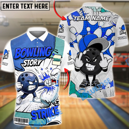 BlueJose Bowling & Pins Comic Character Strike Action Design Customized Name, Team Name 3D Shirt (4 Colors)