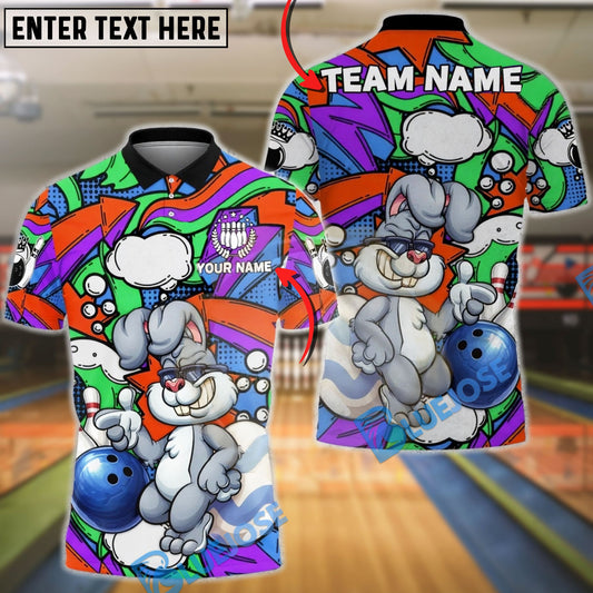 BlueJose Bowling & Pins Cool Bunny Cartoon Pop Art Colorful Customized Name, Team Name 3D Shirt (4 Colors)
