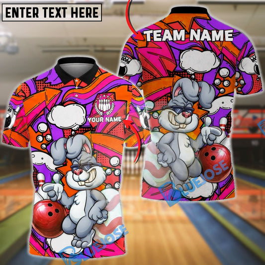 BlueJose Bowling & Pins Cool Bunny Cartoon Pop Art Colorful Customized Name, Team Name 3D Shirt (4 Colors)