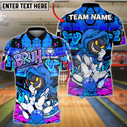 BlueJose Bowling & Pins Smile Face Neon Graffiti Customized Name, Team Name 3D Shirt (4 Colors)