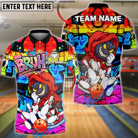 BlueJose Bowling & Pins Smile Face Neon Graffiti Customized Name, Team Name 3D Shirt (4 Colors)