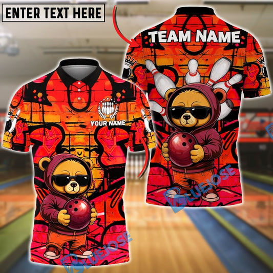 BlueJose Bowling & Pins Bear Street Style Hoodie Urban Graffiti Customized Name, Team Name 3D Shirt (4 Colors)