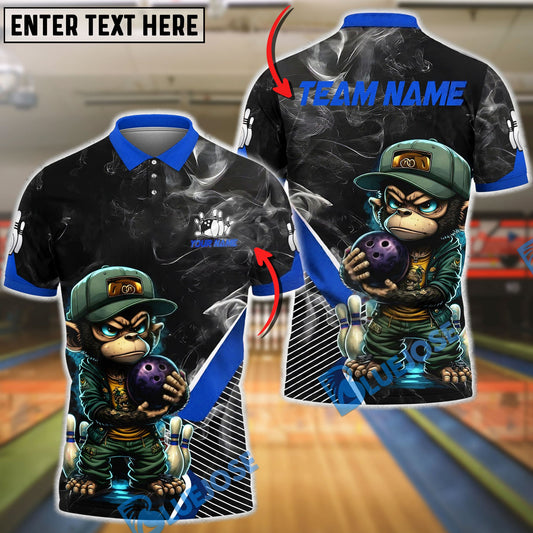 BlueJose Bowling & Pins Monkey Angry Cartoon Monkey Holding Bowling Ball Smoke Effect Customized Name, Team Name 3D Shirt (4 Colors)
