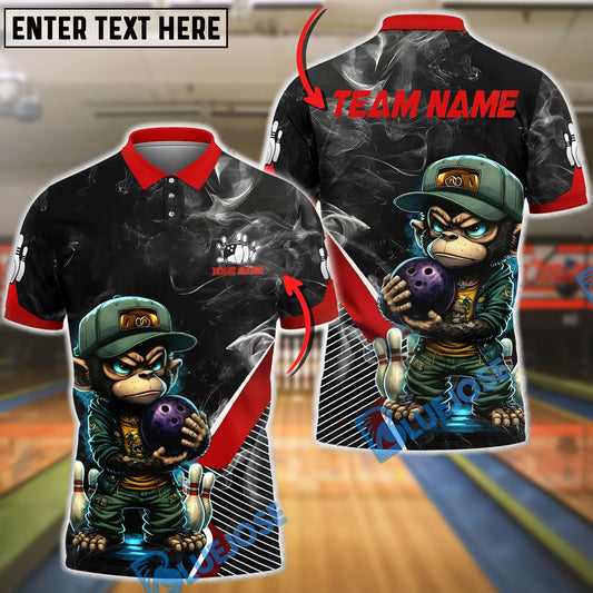 BlueJose Bowling & Pins Monkey Angry Cartoon Monkey Holding Bowling Ball Smoke Effect Customized Name, Team Name 3D Shirt (4 Colors)