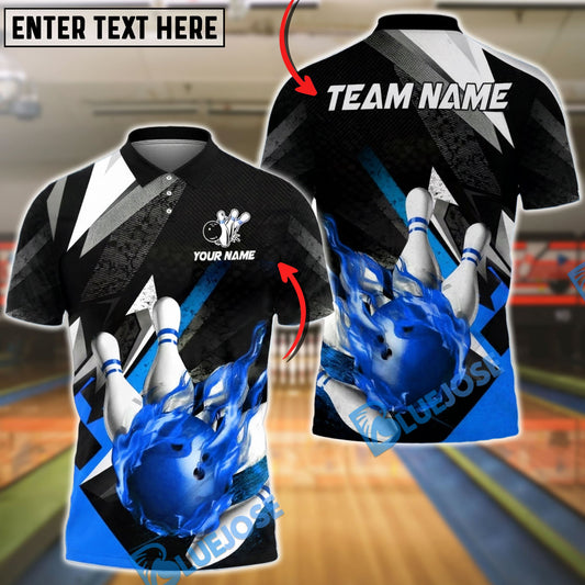 BlueJose Bowling & Pins Abstract Fire Ball Black Lightning Customized Name, Team Name 3D Shirt (4 Colors)