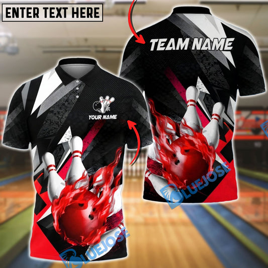 BlueJose Bowling & Pins Abstract Fire Ball Black Lightning Customized Name, Team Name 3D Shirt (4 Colors)