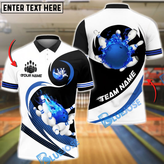 BlueJose Bowling & Pins Fire White & Black Customized Name, Team Name 3D Shirt (4 Colors)