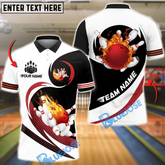 BlueJose Bowling & Pins Fire White & Black Customized Name, Team Name 3D Shirt (4 Colors)