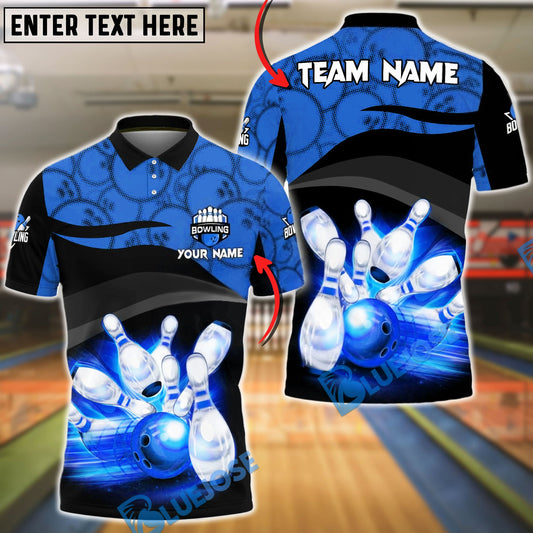BlueJose Bowling & Pins Flaming Striking Gray Black Geometric Customized Name, Team Name 3D Shirt (4 Colors)
