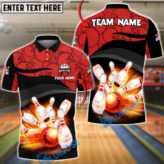 BlueJose Bowling & Pins Flaming Striking Gray Black Geometric Customized Name, Team Name 3D Shirt (4 Colors)