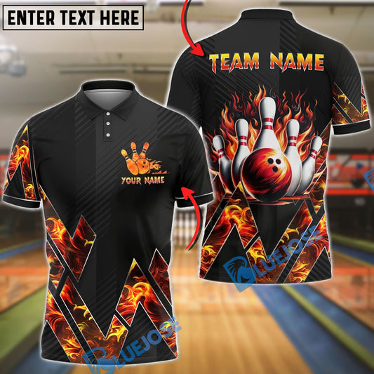 BlueJose Bowling & Pins Fire Graphic Flame Design Customized Name, Team Name 3D Shirt (4 Colors)