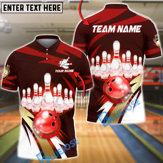 BlueJose Bowling & Pins 10 Pins Strike Maroon & White Graphic Customized Name, Team Name 3D Shirt (4 Colors)